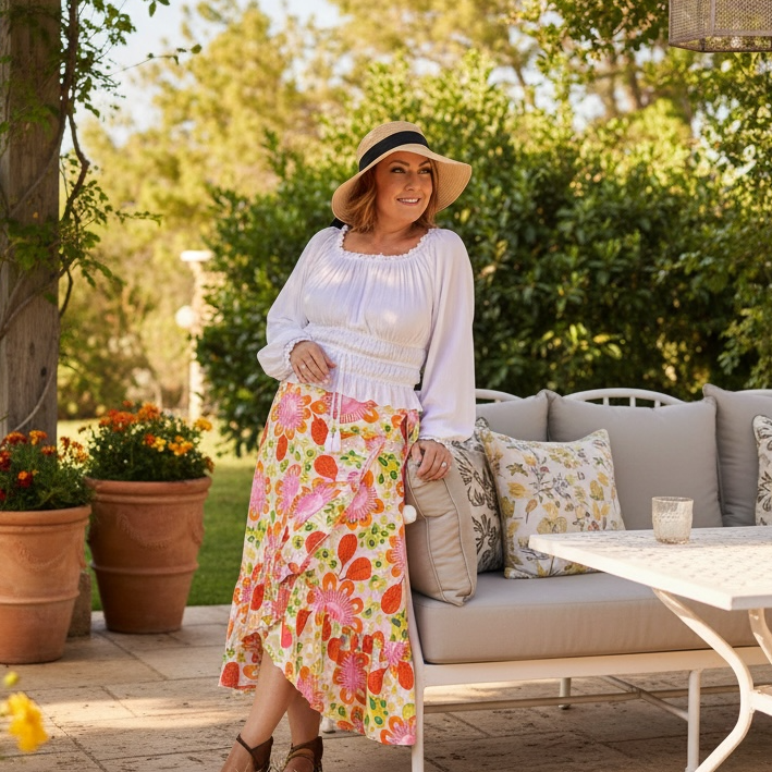 Floral wrap skirt showcasing Kerry Munns’ vibrant abstract artwork in a flattering wrap design