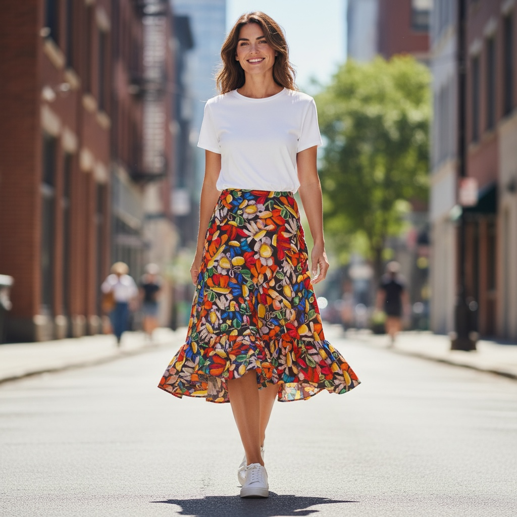 Wearable art wrap skirt featuring original artwork by Kerry Munns, designed for comfort and effortless style