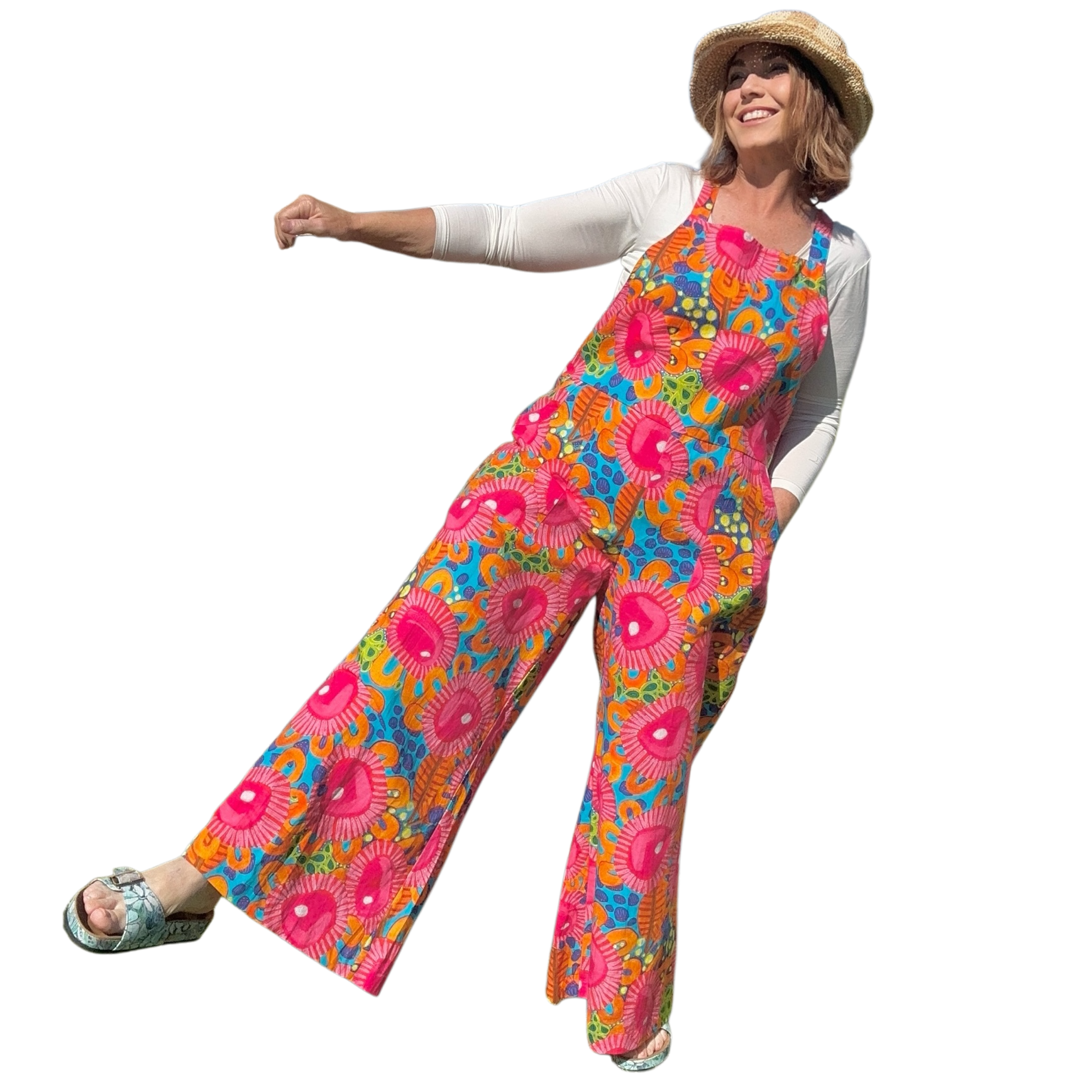 Zoe Playsuit in Mrs Pearl by Kerry Munns Artlife crafted in sustainable linen with artist-designed wearable art fabric in playful mood