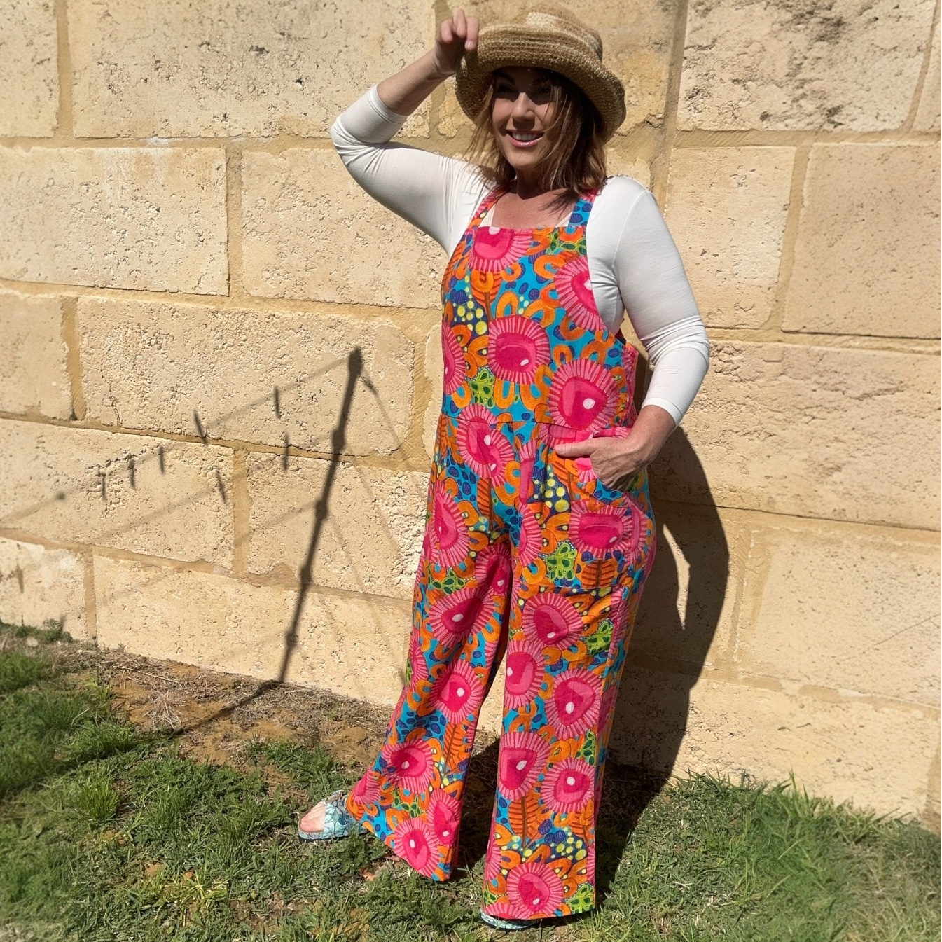 Zoe Playsuit in Mrs Pearl by Kerry Munns Artlife crafted in sustainable linen with artist-designed wearable art fabric side front view