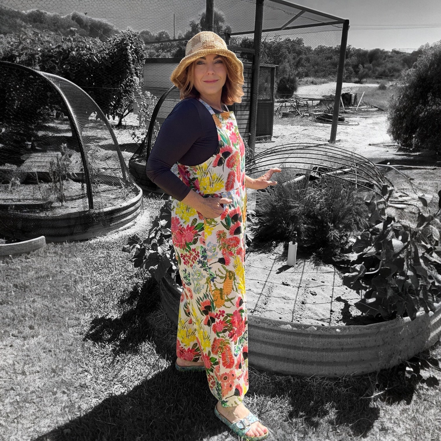 Zoe Playsuit in Spring Fling by Kerry Munns Artlife showcasing vibrant wearable art on sustainable linen fabric side view