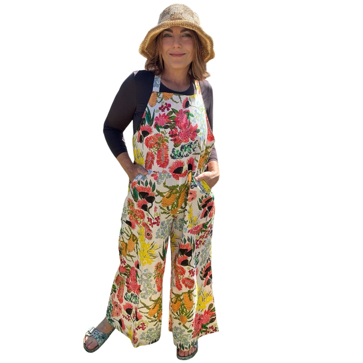 Zoe Playsuit in Spring Fling by Kerry Munns Artlife showcasing vibrant wearable art on sustainable linen fabric