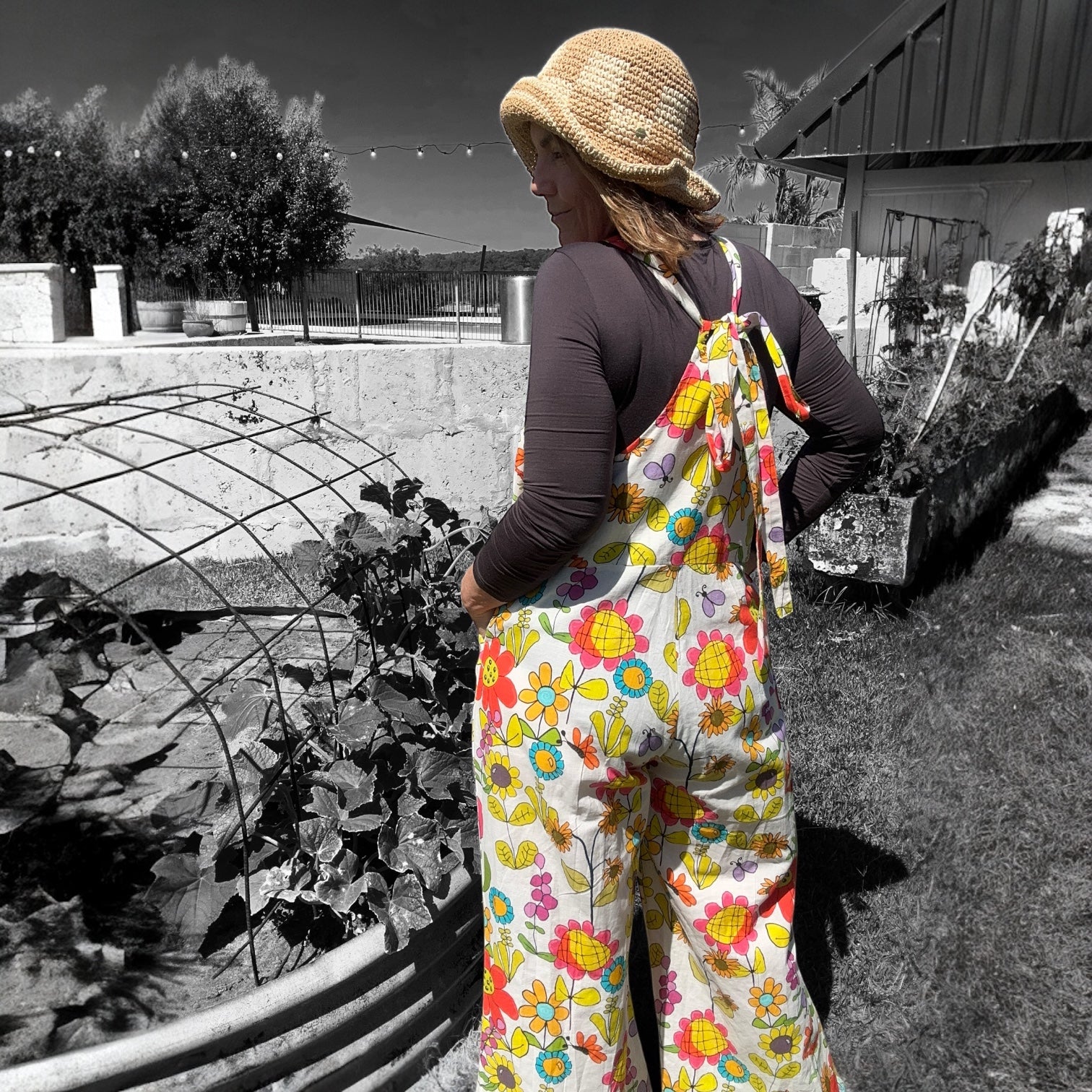 Zoe Playsuit in Tweedledee White by Kerry Munns Artlife made from breathable sustainable linen with wearable art print back view