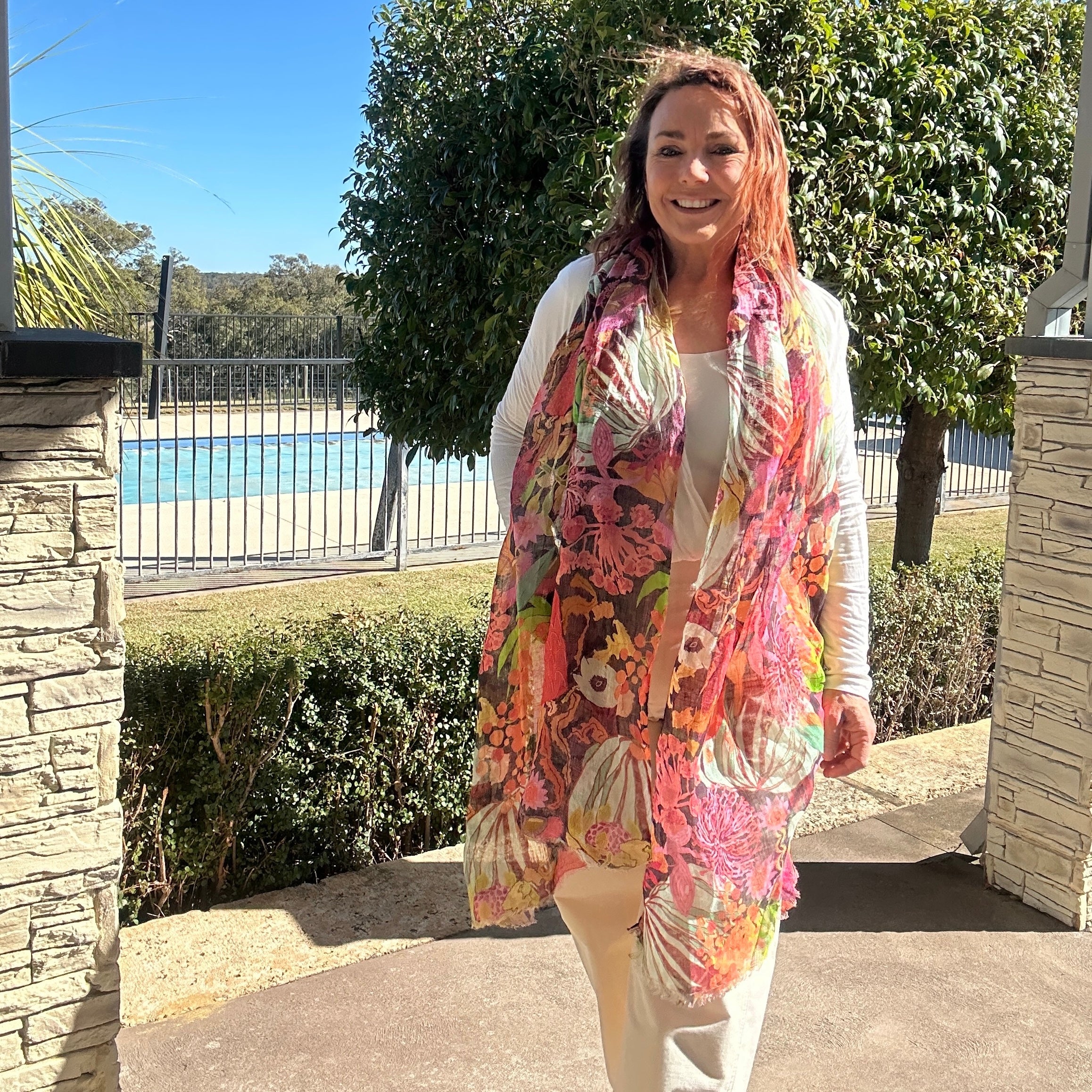 Dramatic floral wearable art linen scarf featuring rich painterly artwork by Kerry Munns