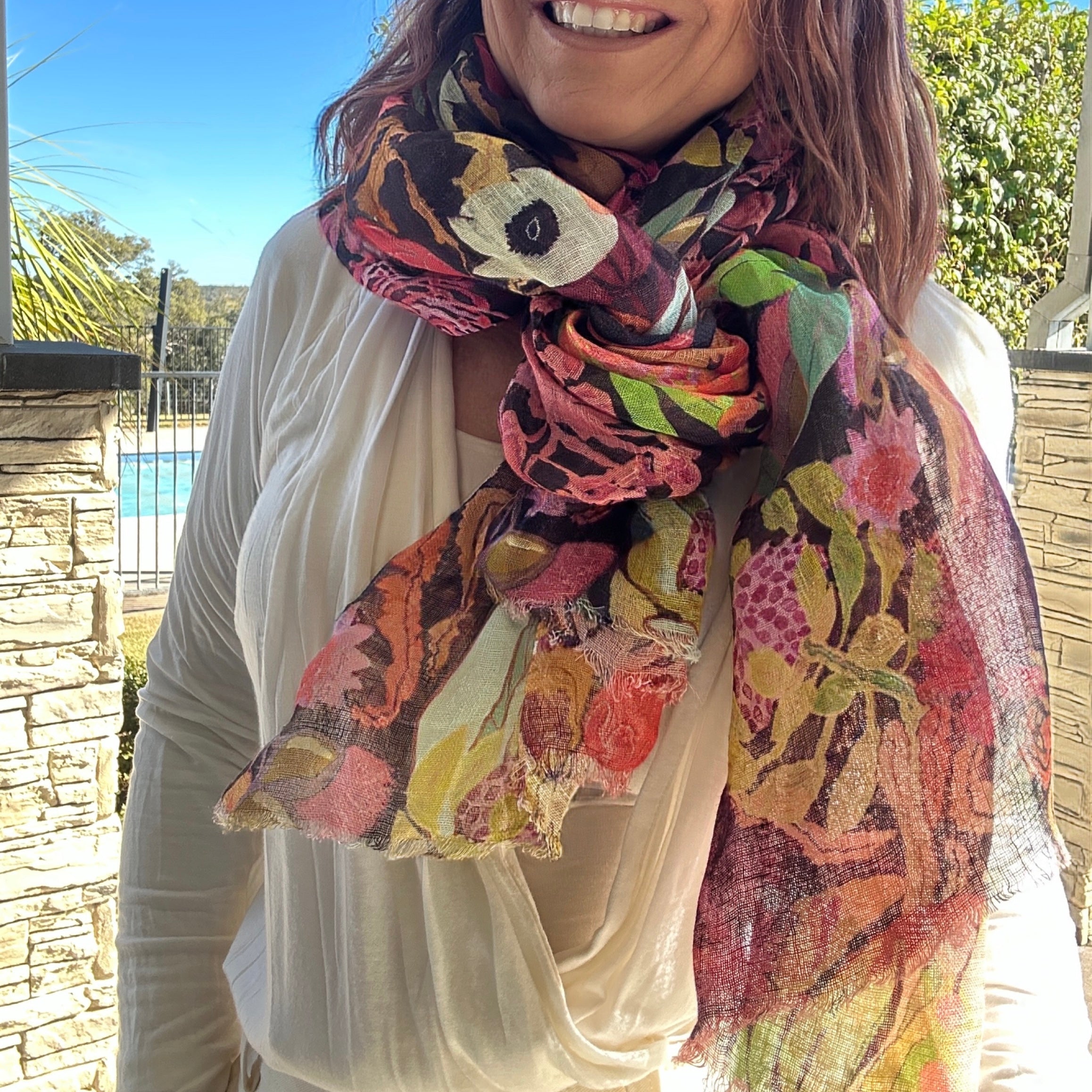 Dark floral wearable art linen scarf featuring rich painterly artwork by Australian artist Kerry Munns 