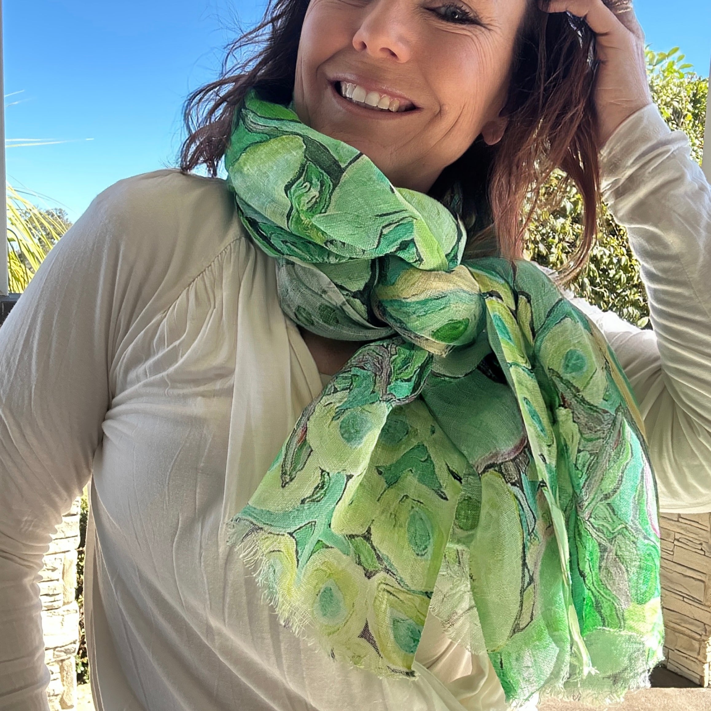 Green botanical wearable art linen scarf inspired by Australian nature and original artwork.