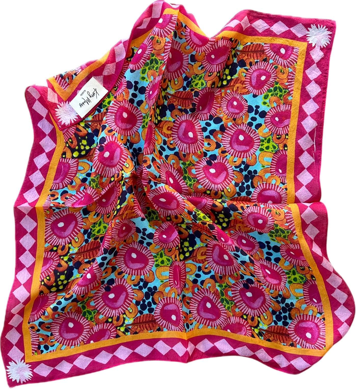 Bold, bright pink floral wearable art bandanna featuring colourful original artwork styled as a vibrant bohemian hair scarf