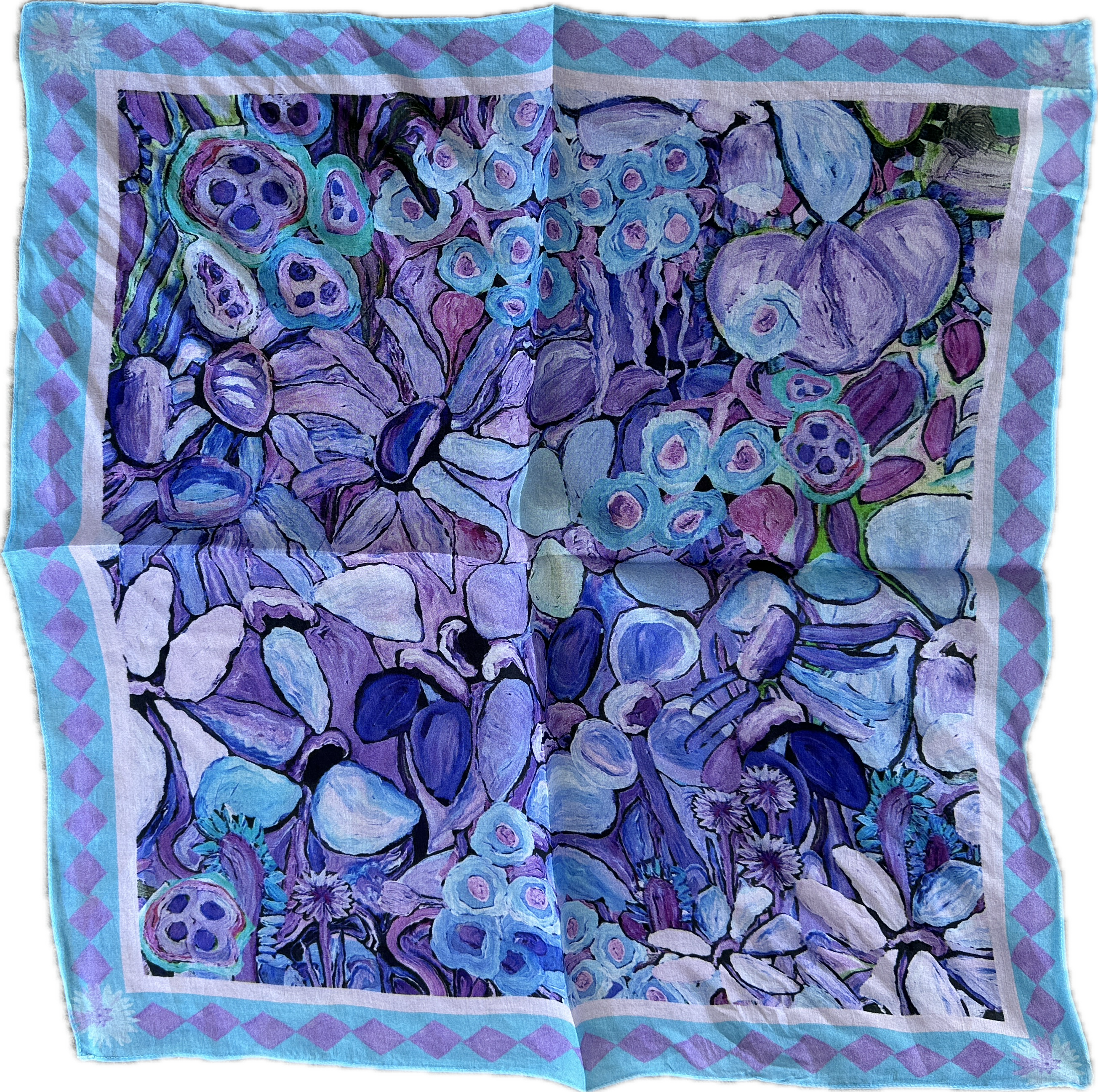 Purple wearable art bandanna with painterly floral artwork worn as a soft artistic women’s silk headscarf