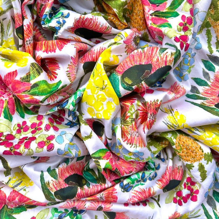 Hand-painted floral cotton fabric by Kerry Munns – original wearable art textile design for sustainable women’s fashion and clothing