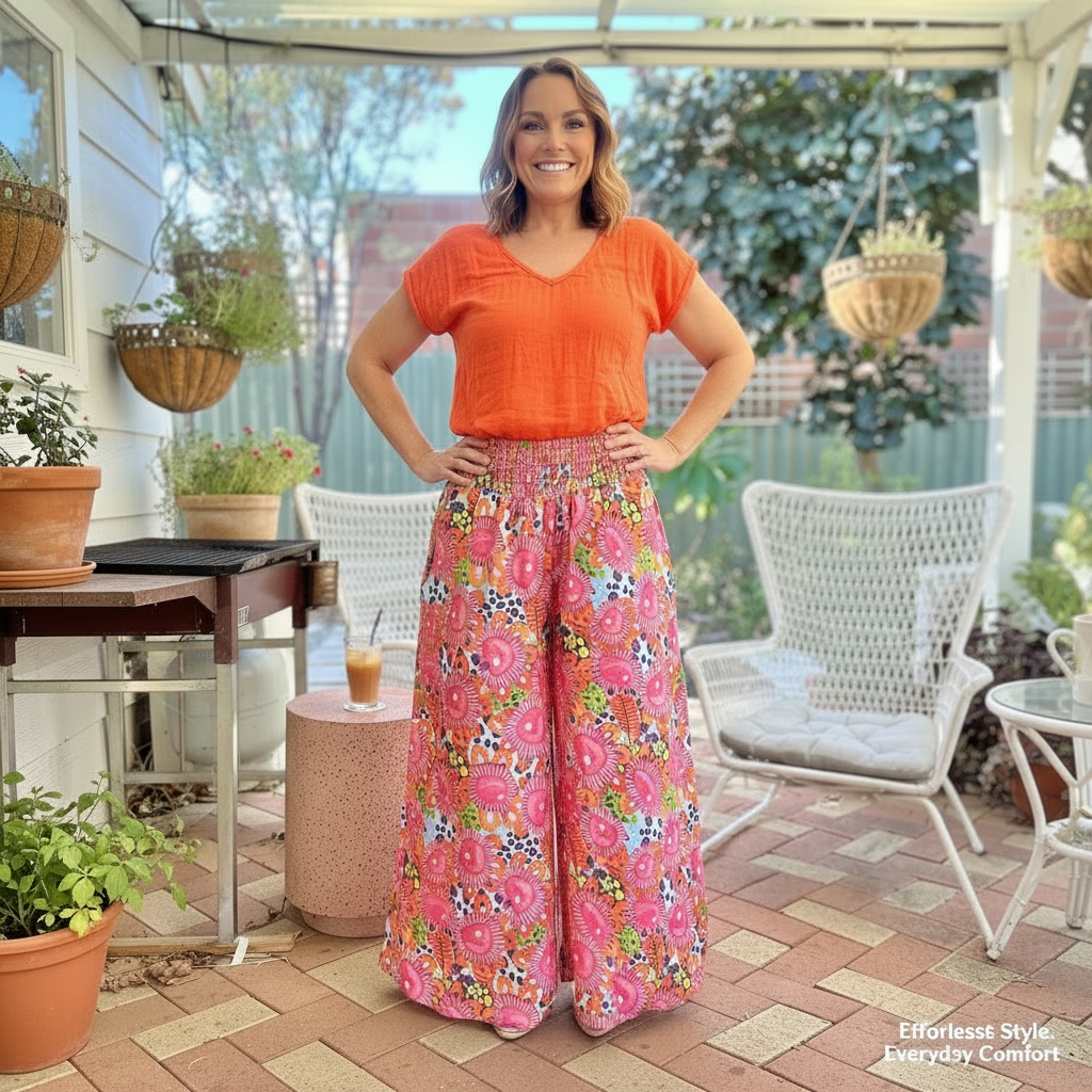 Kerry Munns wearable art culotte linen pants in pink floral design with extra wide legs and elastic waistband, full length womens linen pants with deep side pockets front view.
