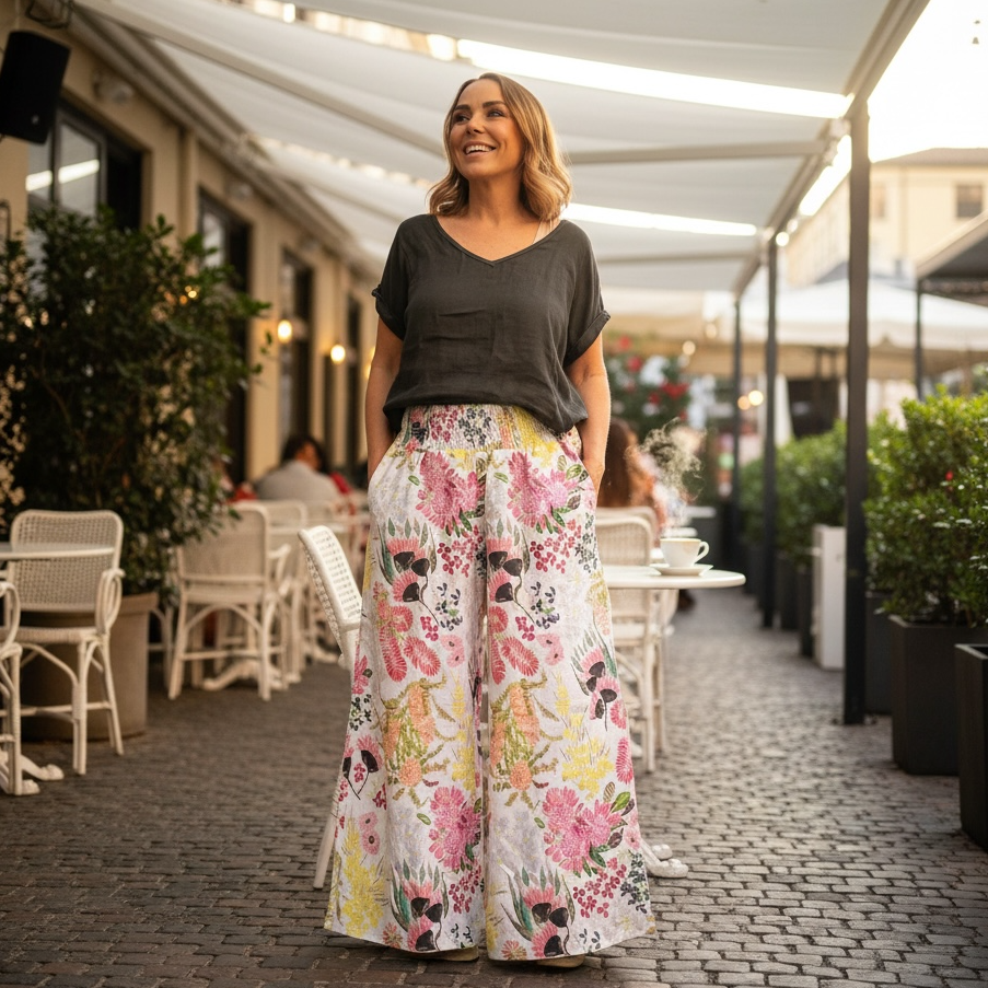 Kerry Munns wearable art Culotte linen pants in native floral print, full length wide leg womens linen pants with elastic waistband and deep side pockets front view.