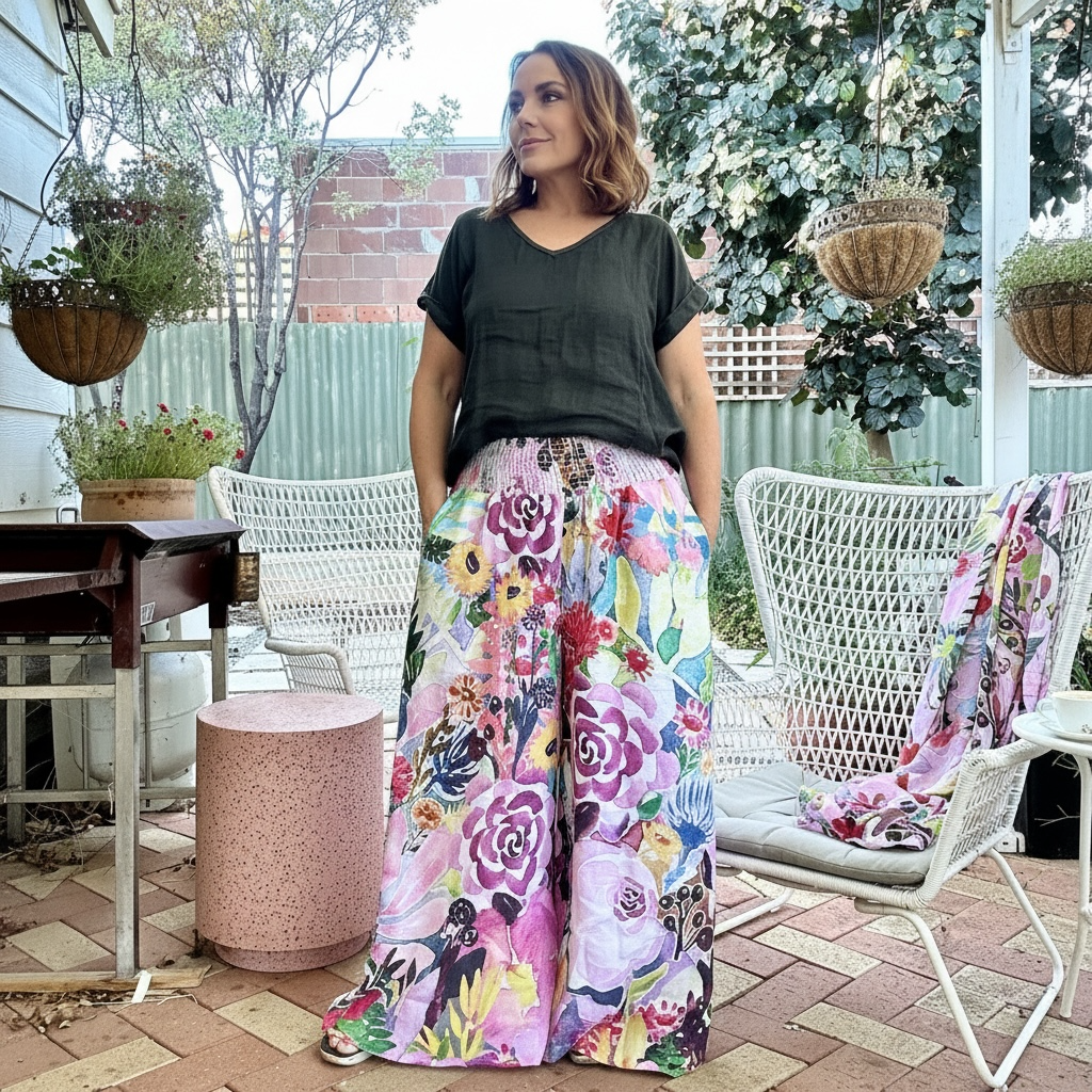Wearable art Culotte linen pants by Kerry Munns featuring watercolour floral artwork, extra wide leg full length womens linen pants with elastic waist and side pockets front view.