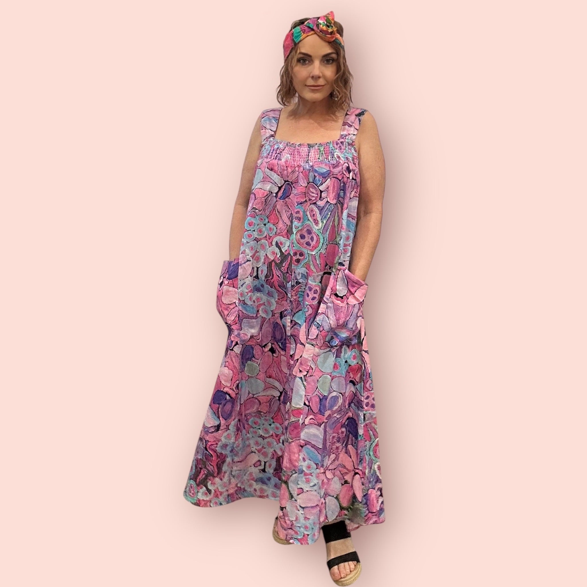 Boho blooms printed plus size linen dress by Kerry Munns, wearable art for women