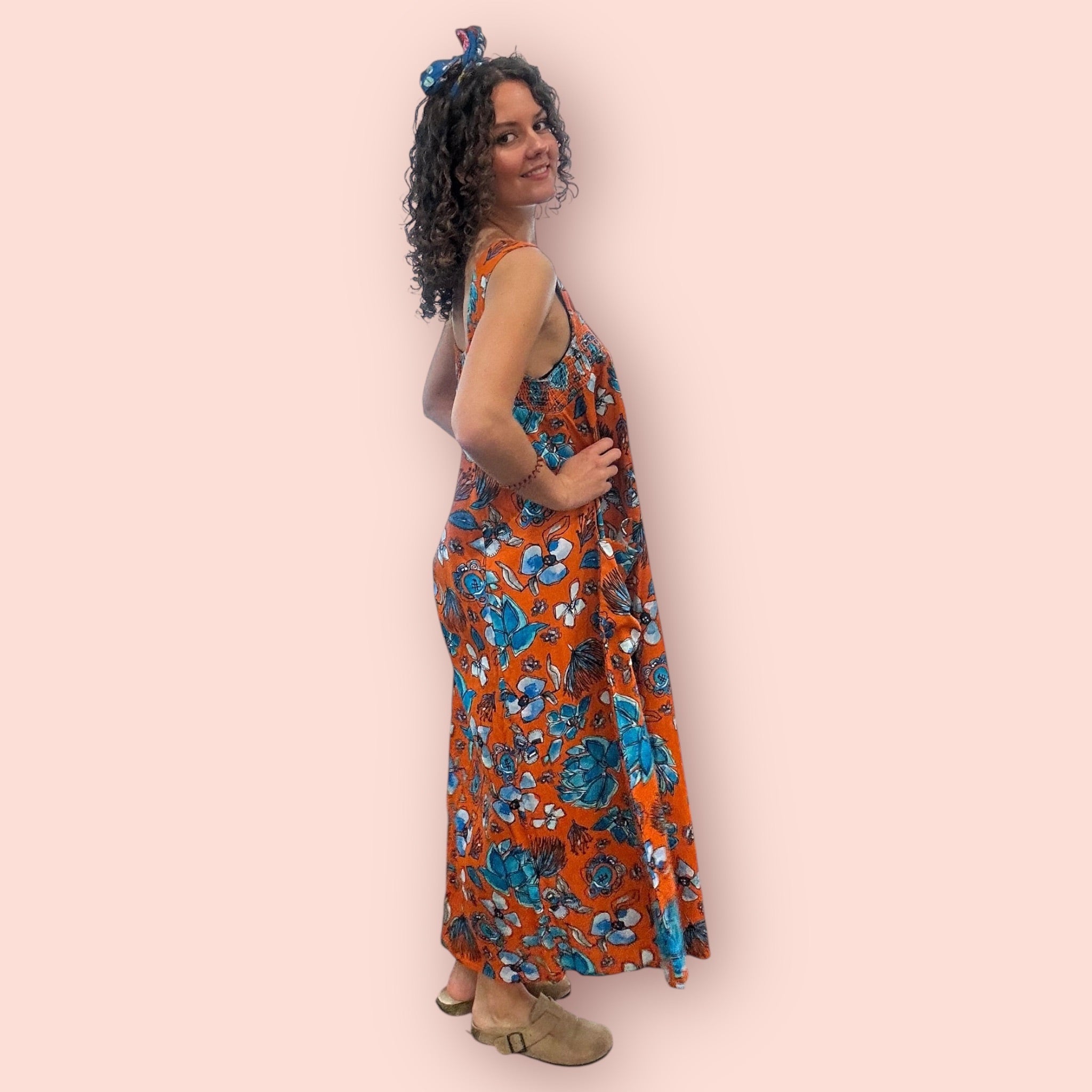 Plus-size linen dress in warm sunset colours, wearable abstract fashion for women