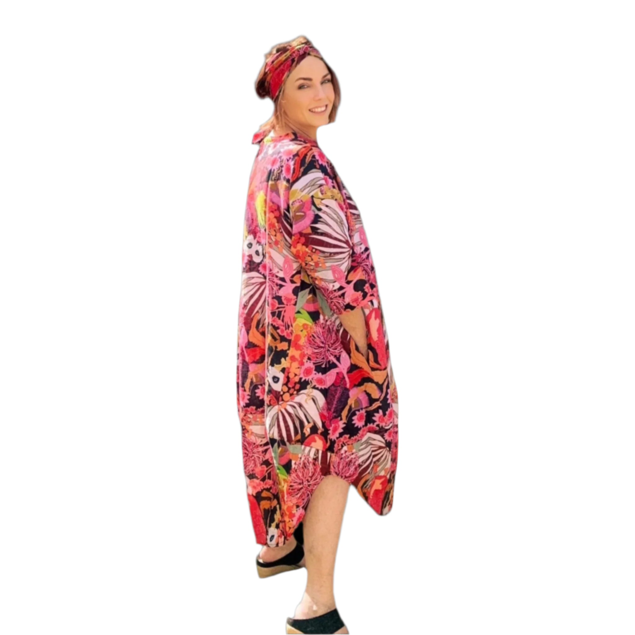 Pink floral linen dress from Kerry Munns' wearable art collection for women.