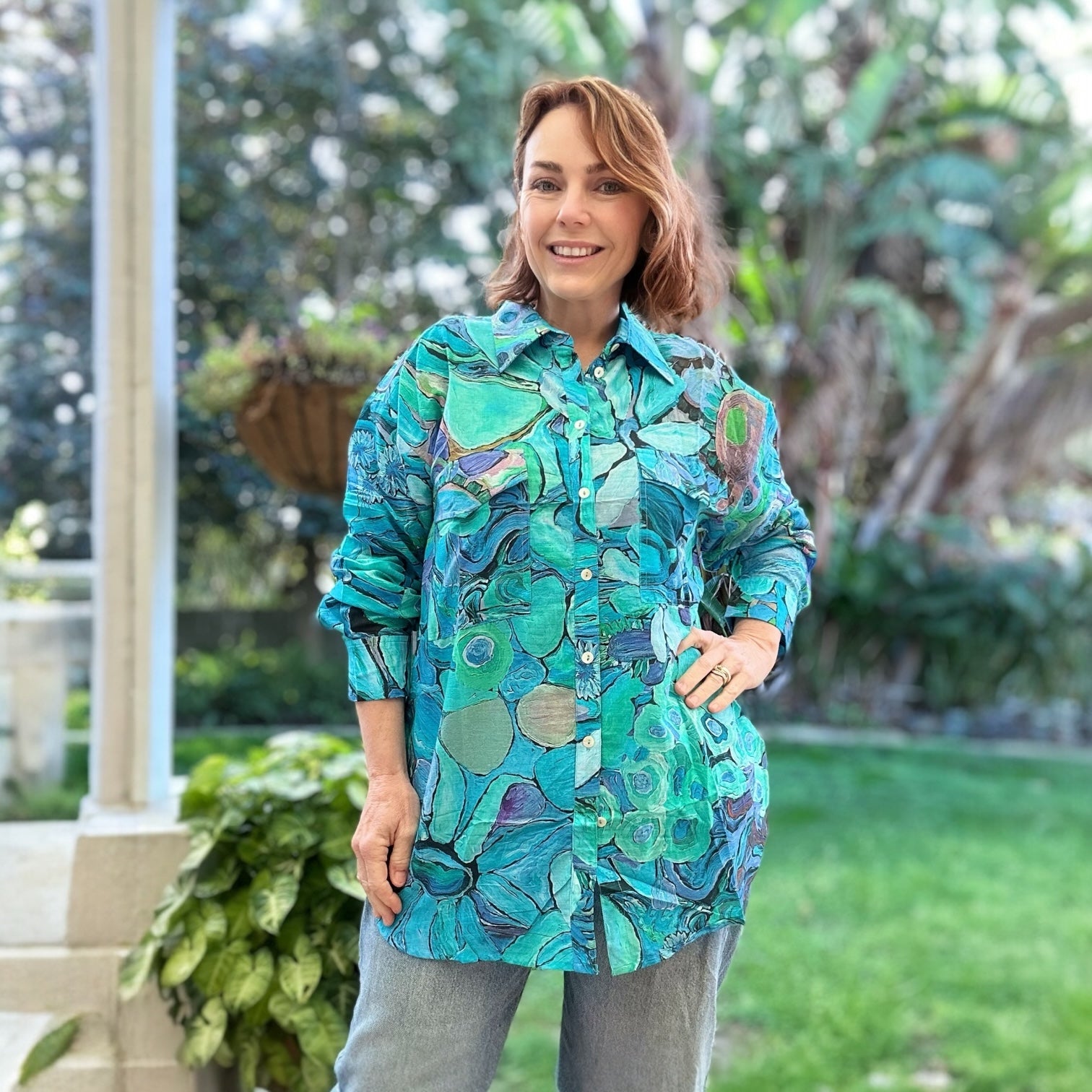 Impressionist-style wearable art shirt in harvest tones – linen fashion with flair