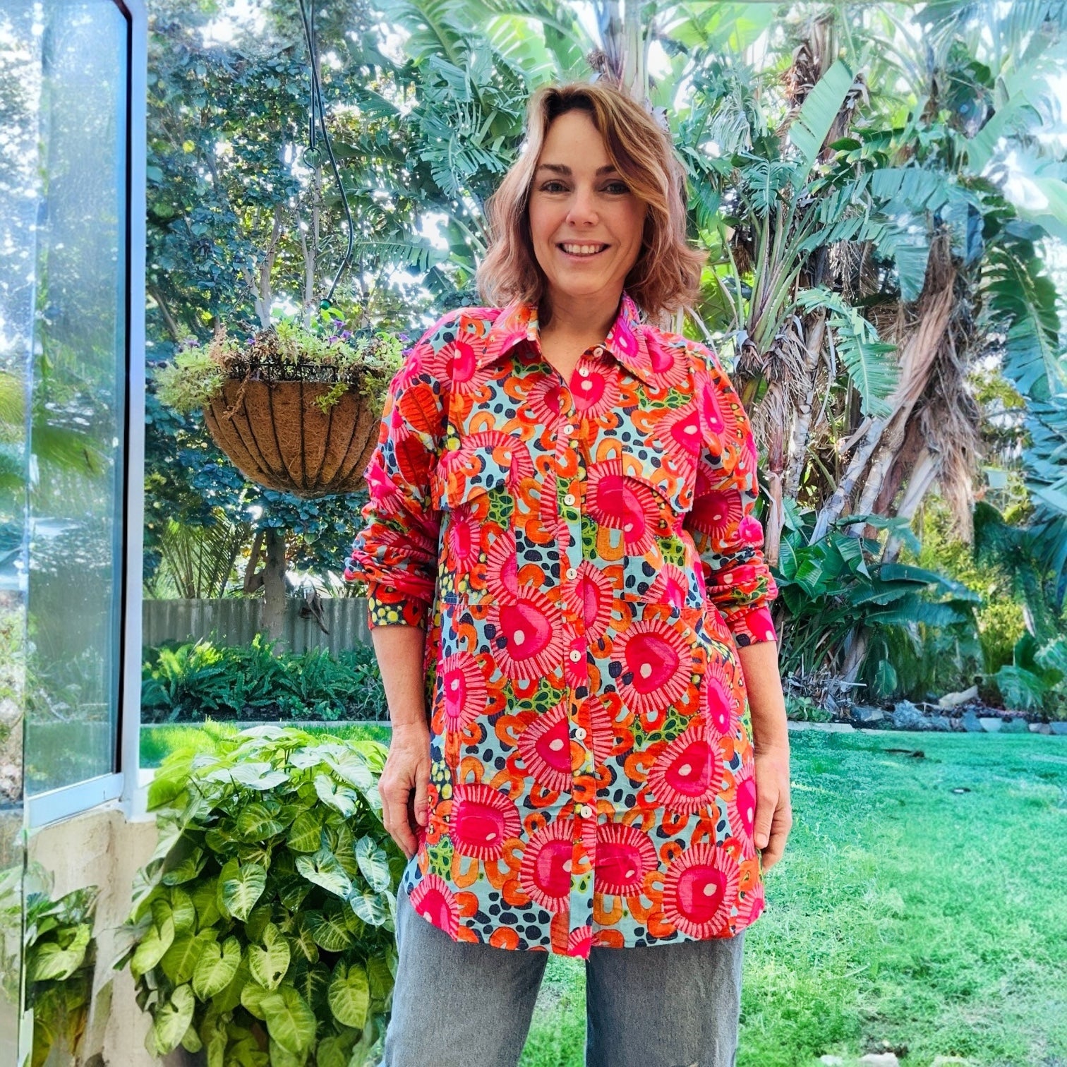 Vibrant floral linen shirt – feminine and bold wearable art for stylish women