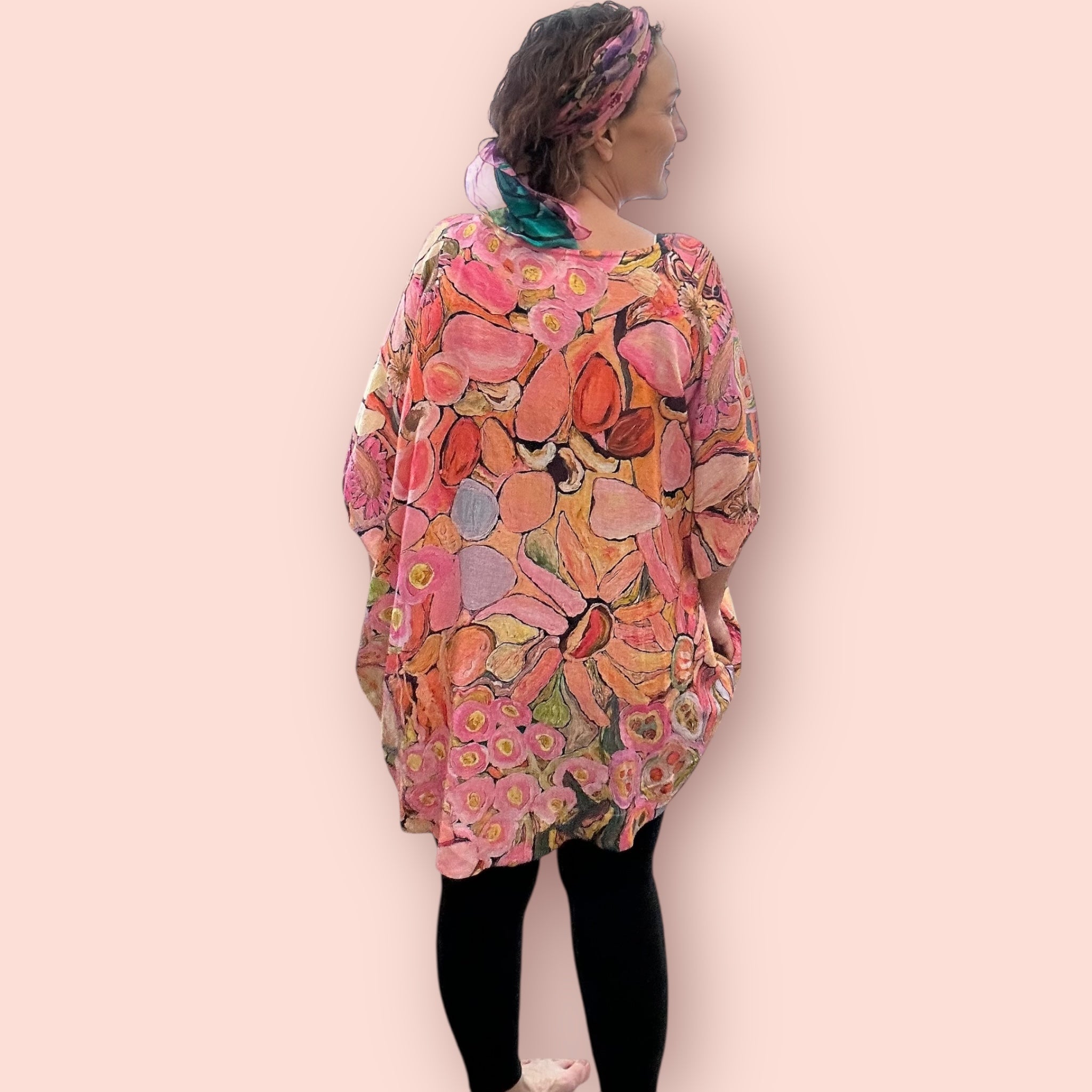Lightweight linen shirt with vibrant wearable art print back view