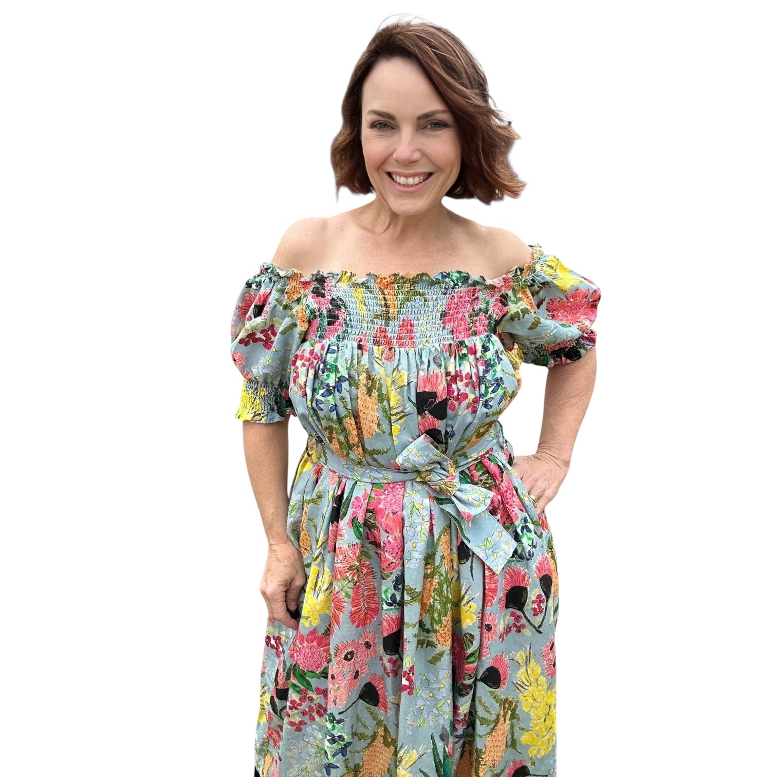 Earth-toned curvy linen shift dress with intuitive art print by Kerry Munns