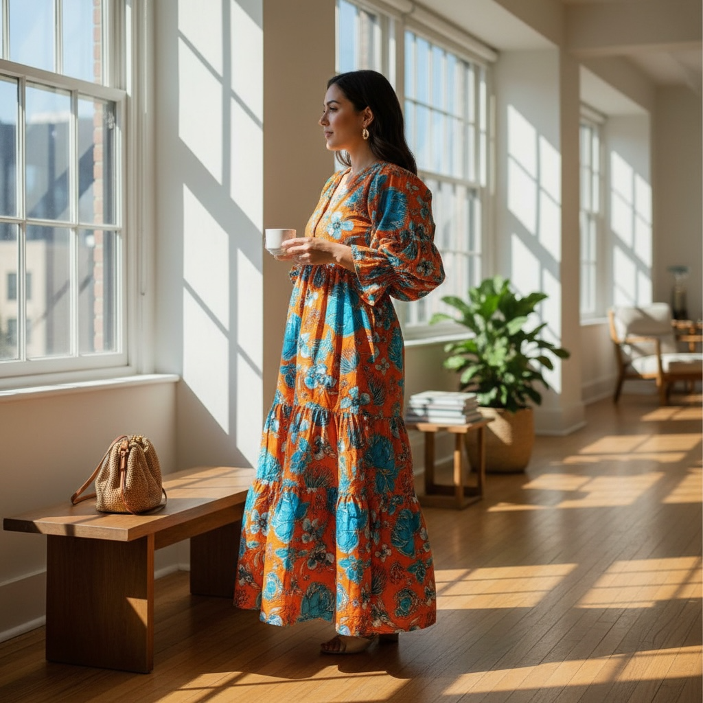 Woman in a colourful orange and blue artist designed dress standing in a sunlit room with large windows.