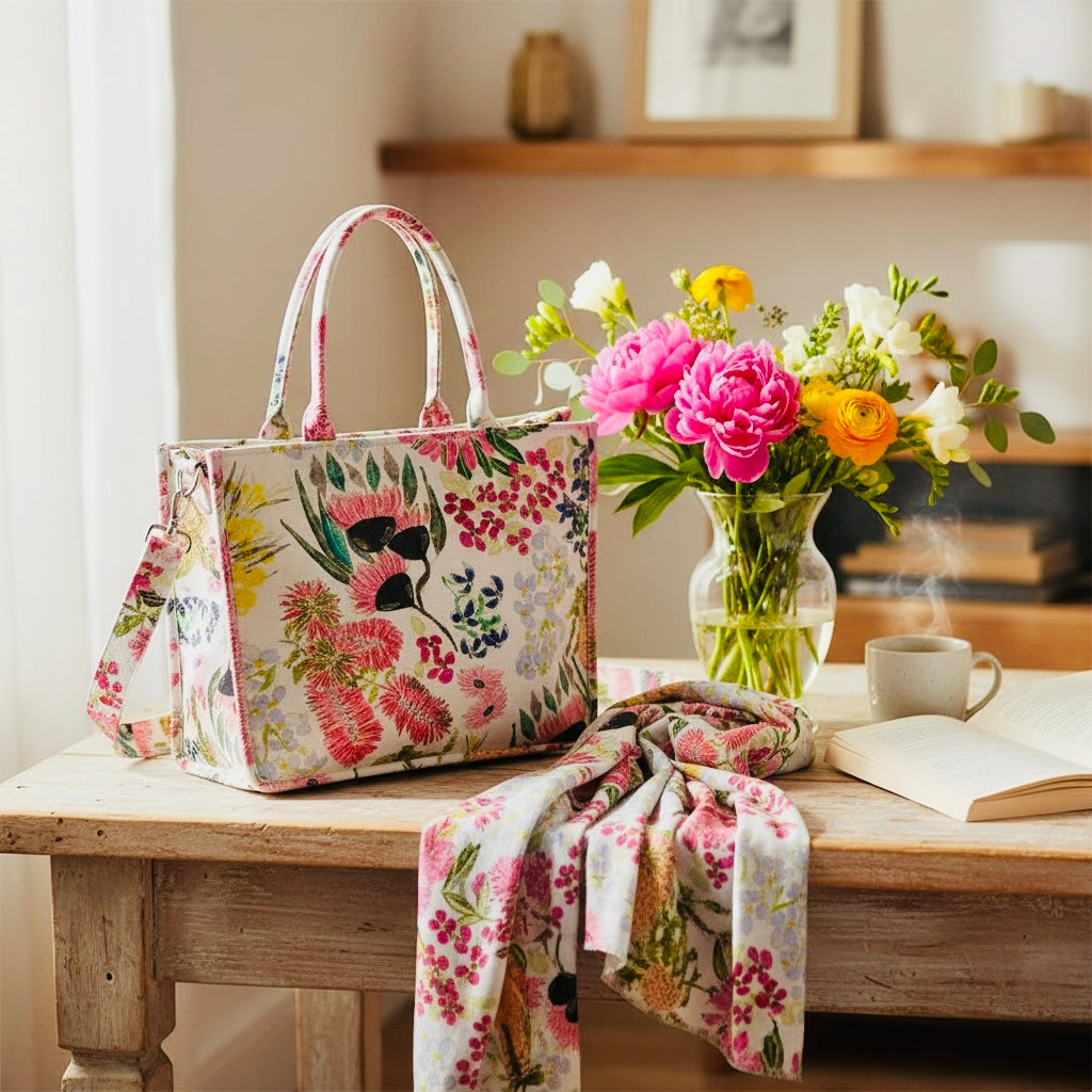 Australian native floral wearable art handbag with colourful botanical print and matching scarf