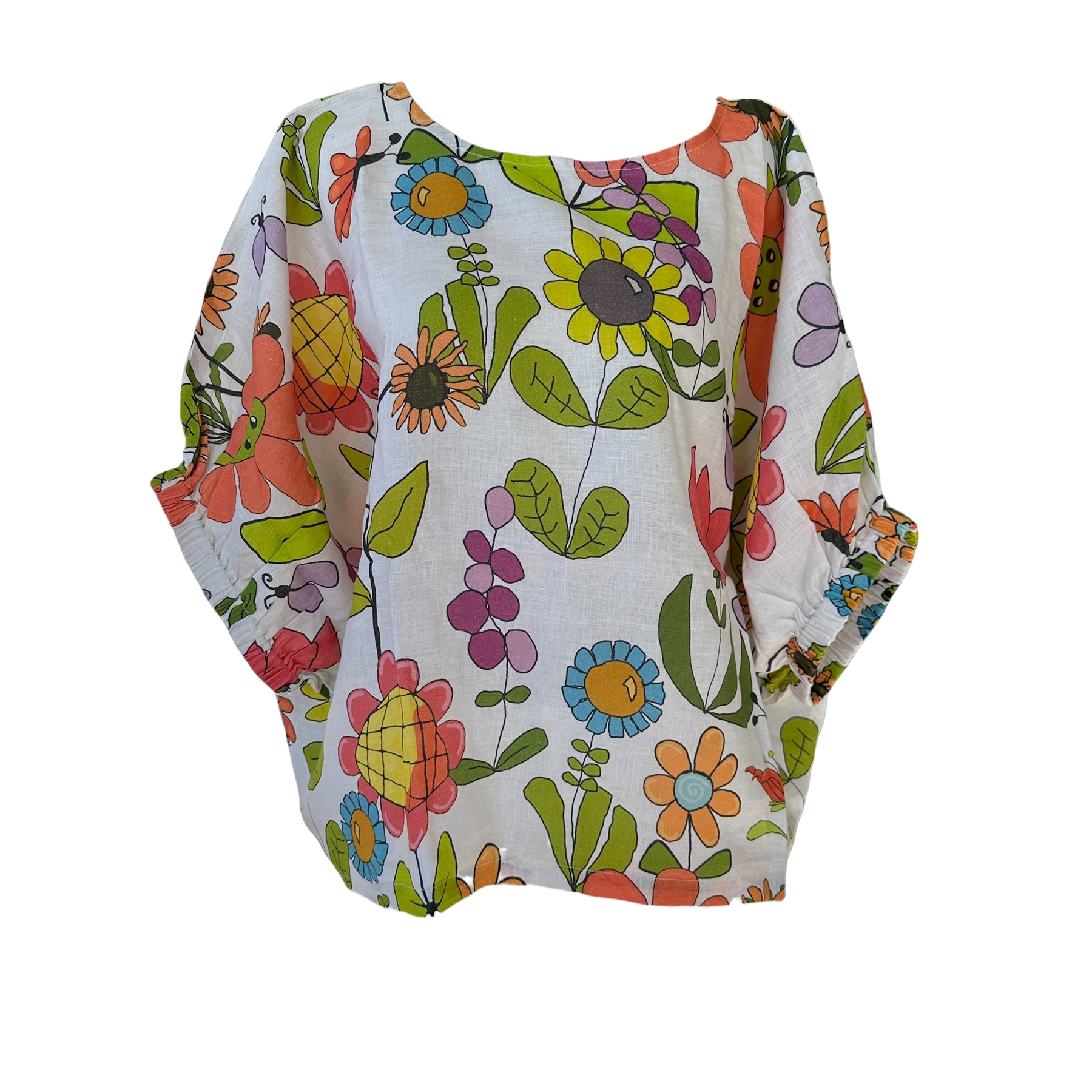 Women's loose fit linen top with bright flower print from original artwork by Kerry Munns