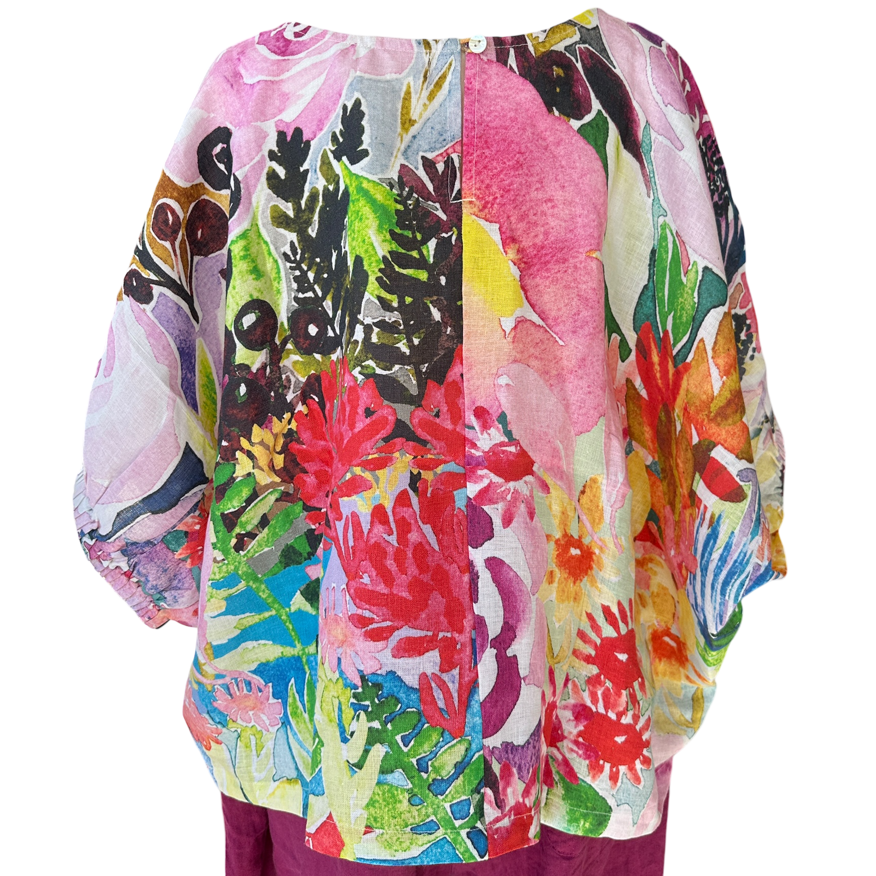 Original artwork back view floral linen blouse wearable art clothing Australia