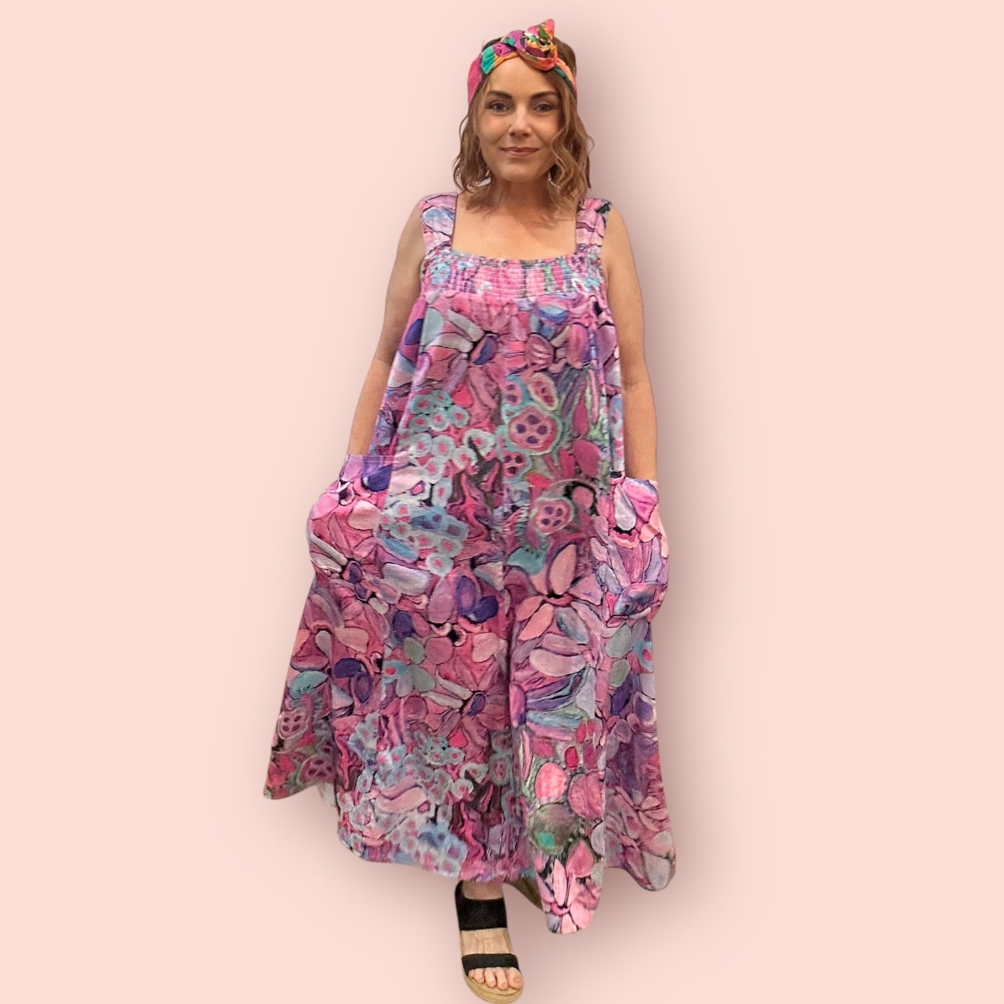 Painted Boho blooms printed plus size linen dress by Kerry Munns, wearable art for women