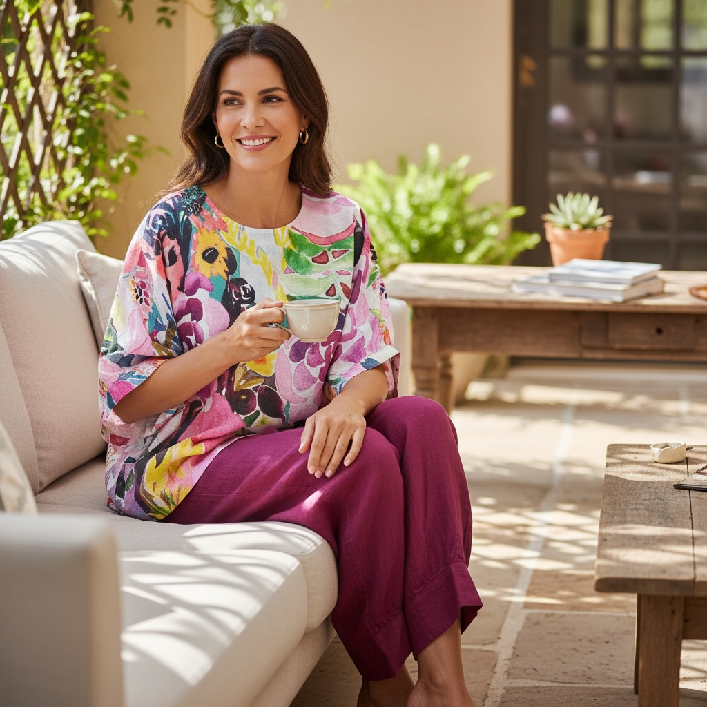 Women's relaxed fit linen blouse with colourful painted flower design