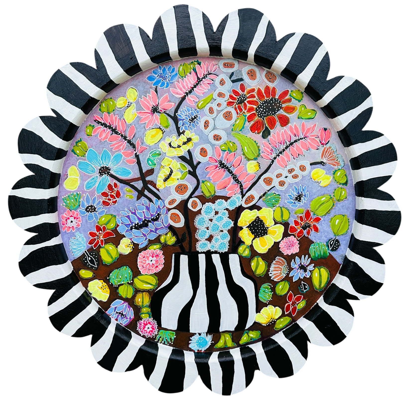 She Blooms in Her Own Way original circular floral acrylic painting with a black-and-white striped handcrafted frame
