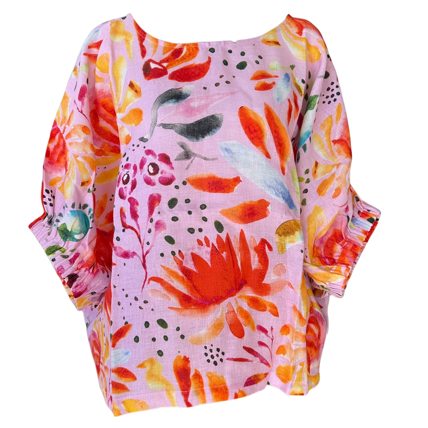 Pink Jeunesse linen top with vibrant watercolour floral artwork by Kerry Munns