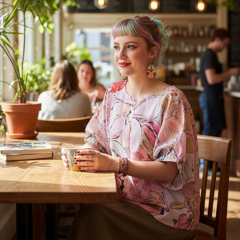 Jeunesse wearable art linen top featuring soft pink magnolia flower artwork