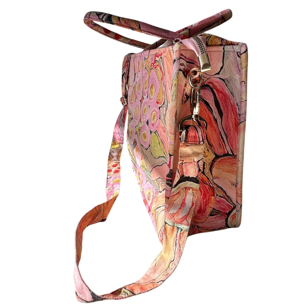 Soft peach pink floral wearable art handbag inspired by original abstract paintings by Kerry Munns Artlife
