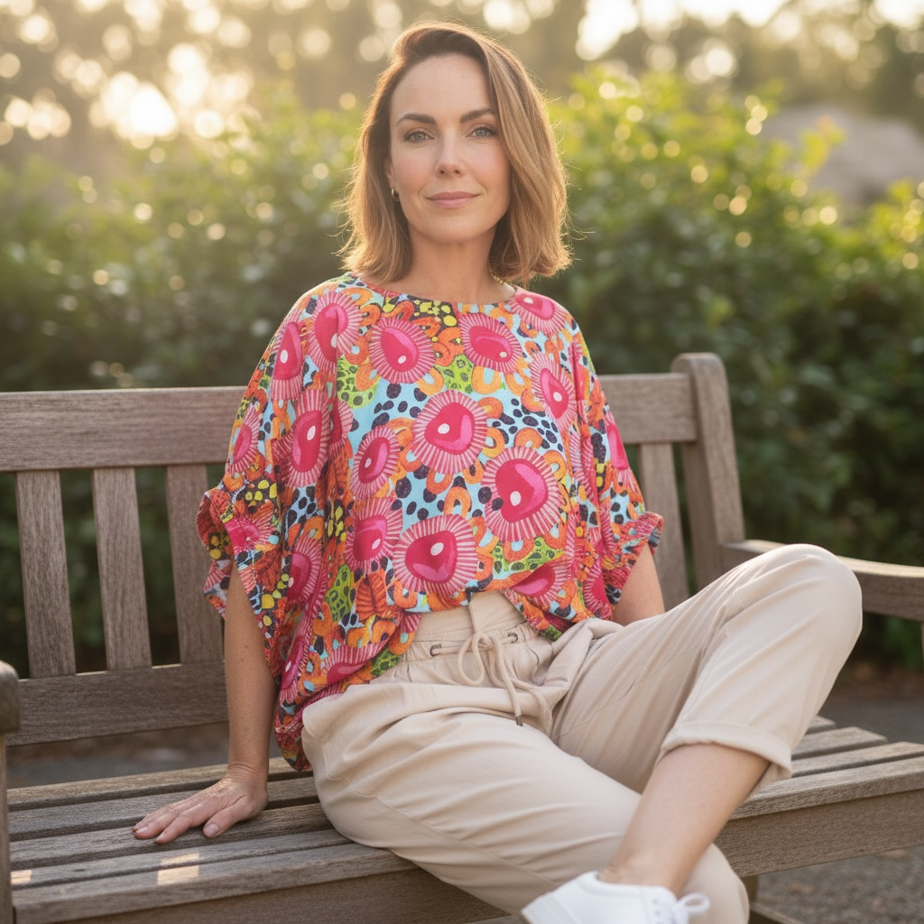 Silk wearable art linen top featuring soft pink magnolia flower artwork