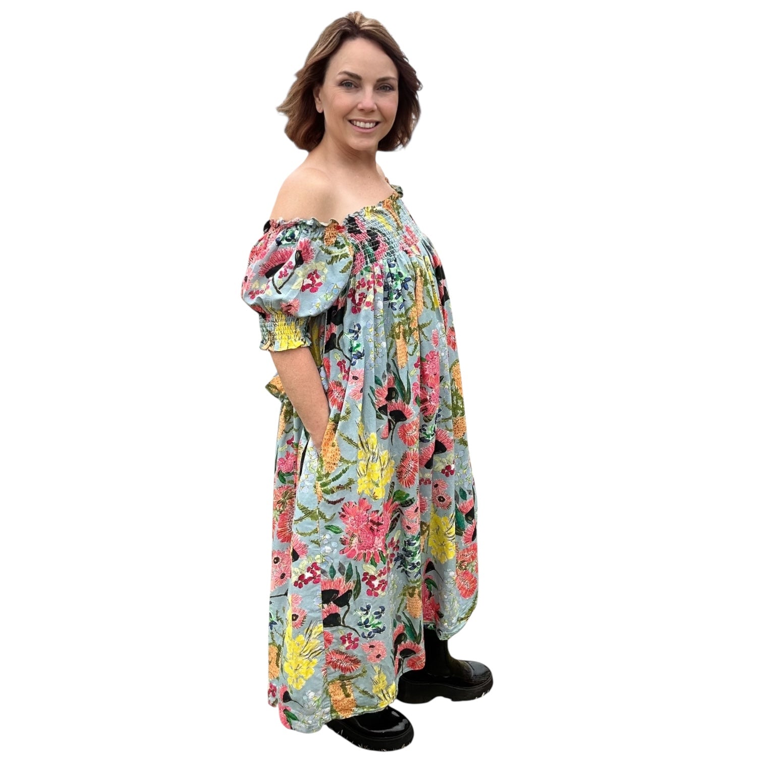 Feminine plus size wearable art linen dress with artful swirls and painterly movement