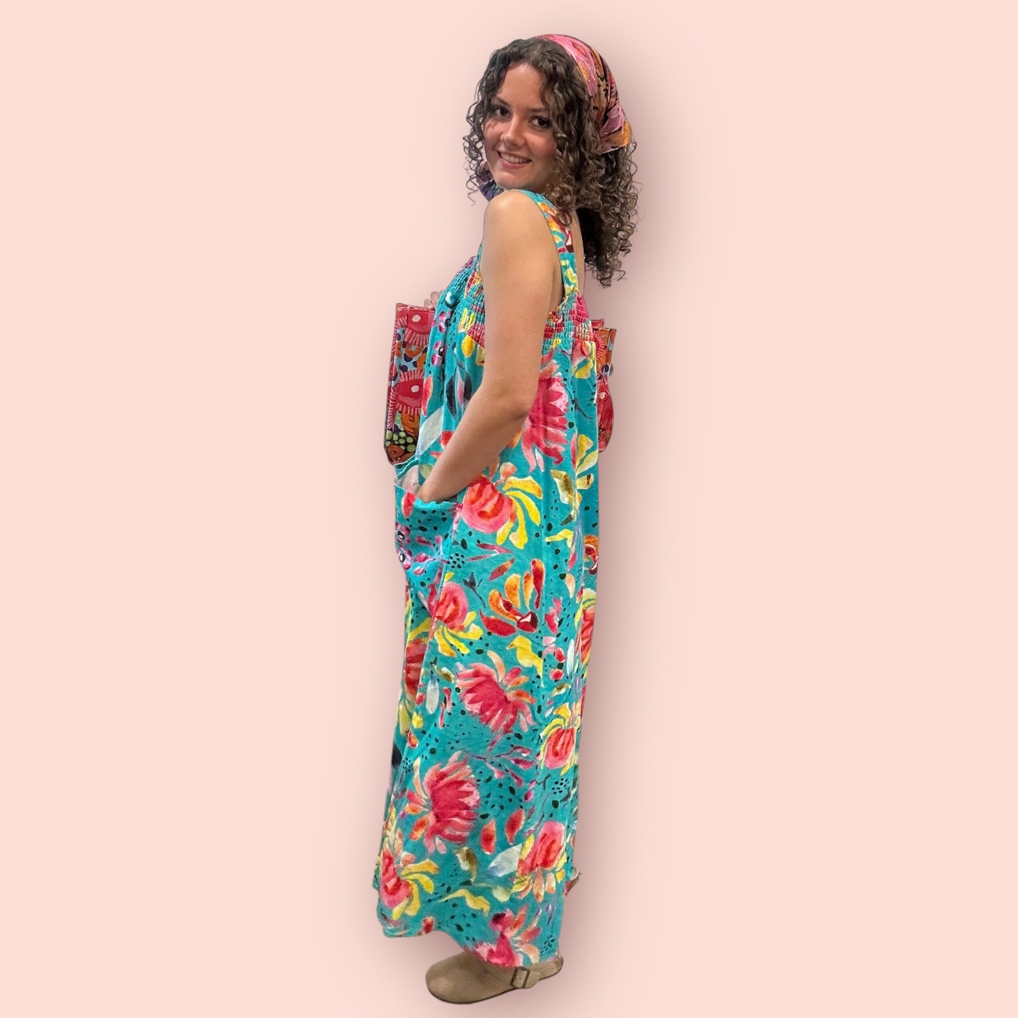 Hand-painted linen dress in vibrant blue and pink colours, wearable art in plus size by Kerry Munns