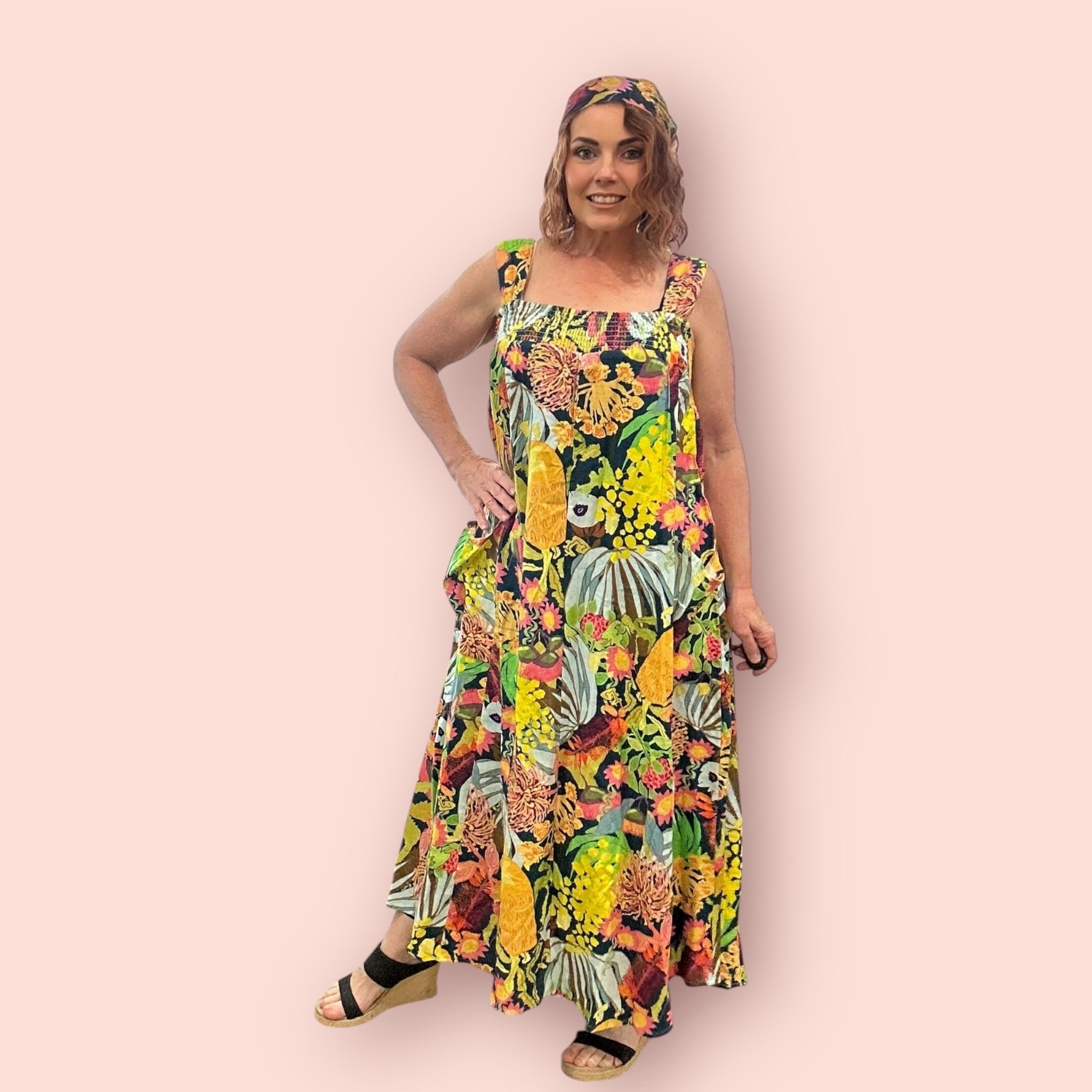 Hand-painted linen dress in vibrant colours, wildflowers, wearable art in plus size by Kerry Munns
