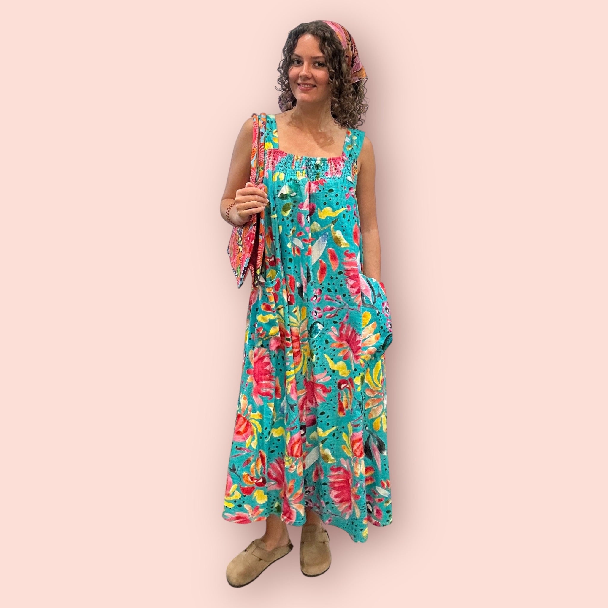Hand-painted linen dress in vibrant colours, wearable art in plus size by Kerry Munns