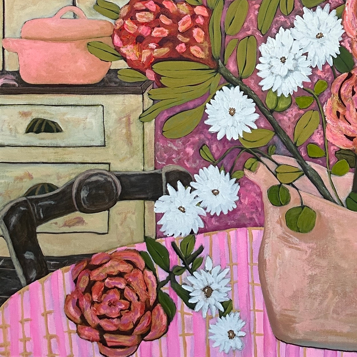 Close up detail of textured acrylic floral painting Pretty In Pink showing layered brushstrokes and vibrant colours close up