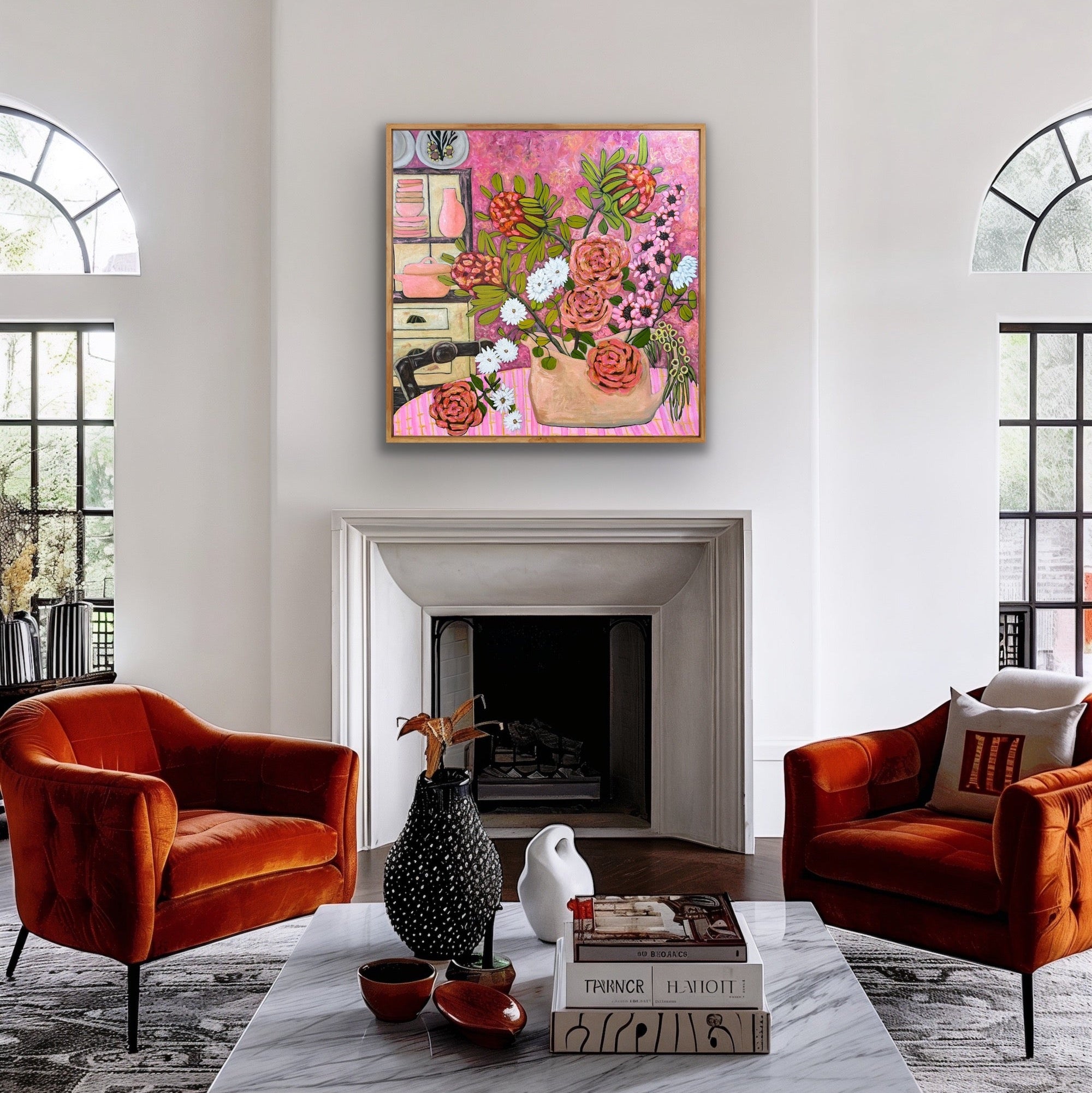Statement pink canvas art featuring native proteas and mixed florals in bold expressive style