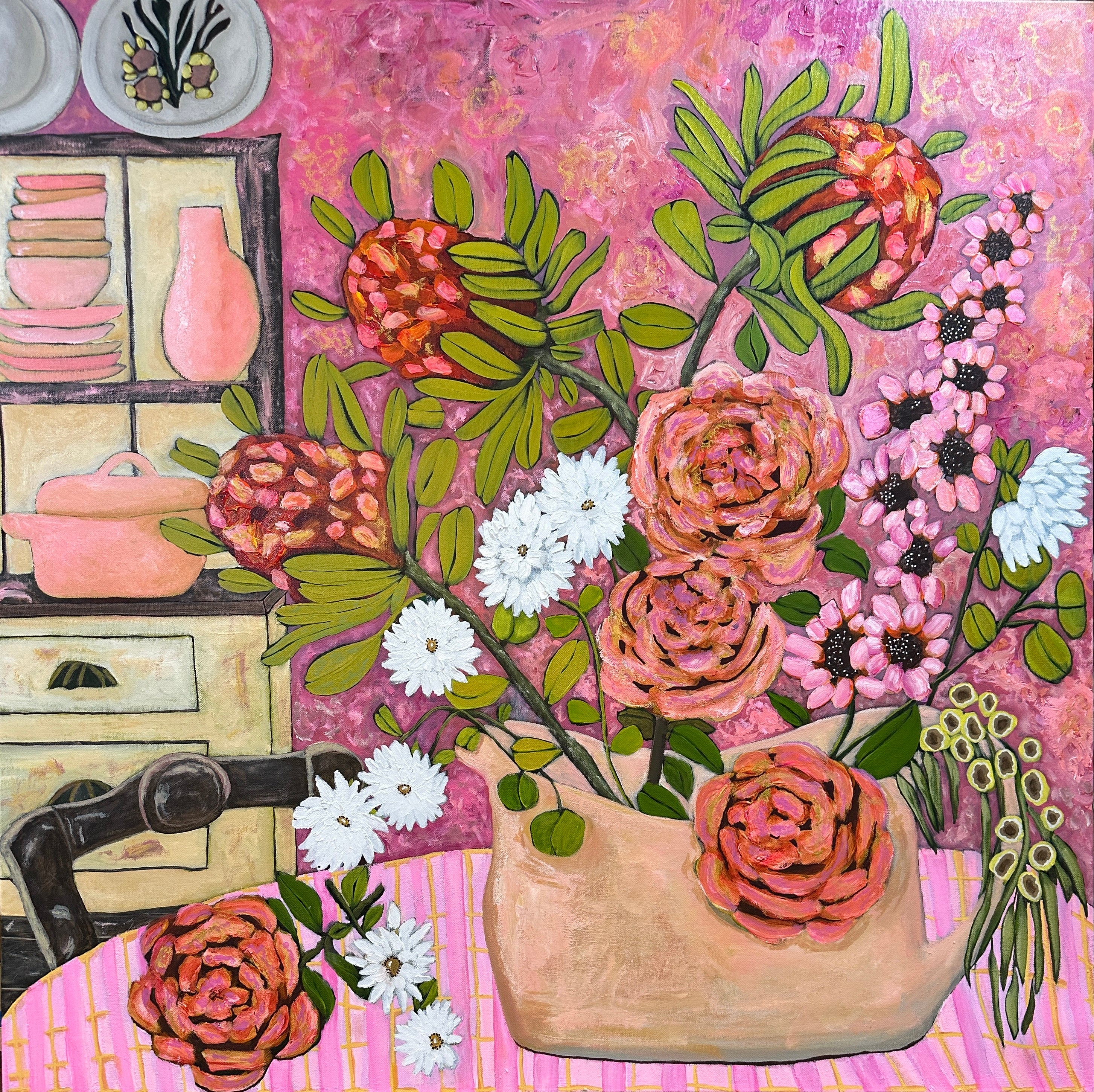 Large pink floral still life artwork with proteas and roses in vase by Australian artist Kerry Munns