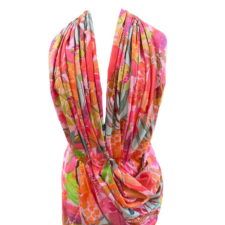 Printed cotton fabric from Kerry Munns’ wearable art collection – sustainable textile for women’s fashion and floral dresses