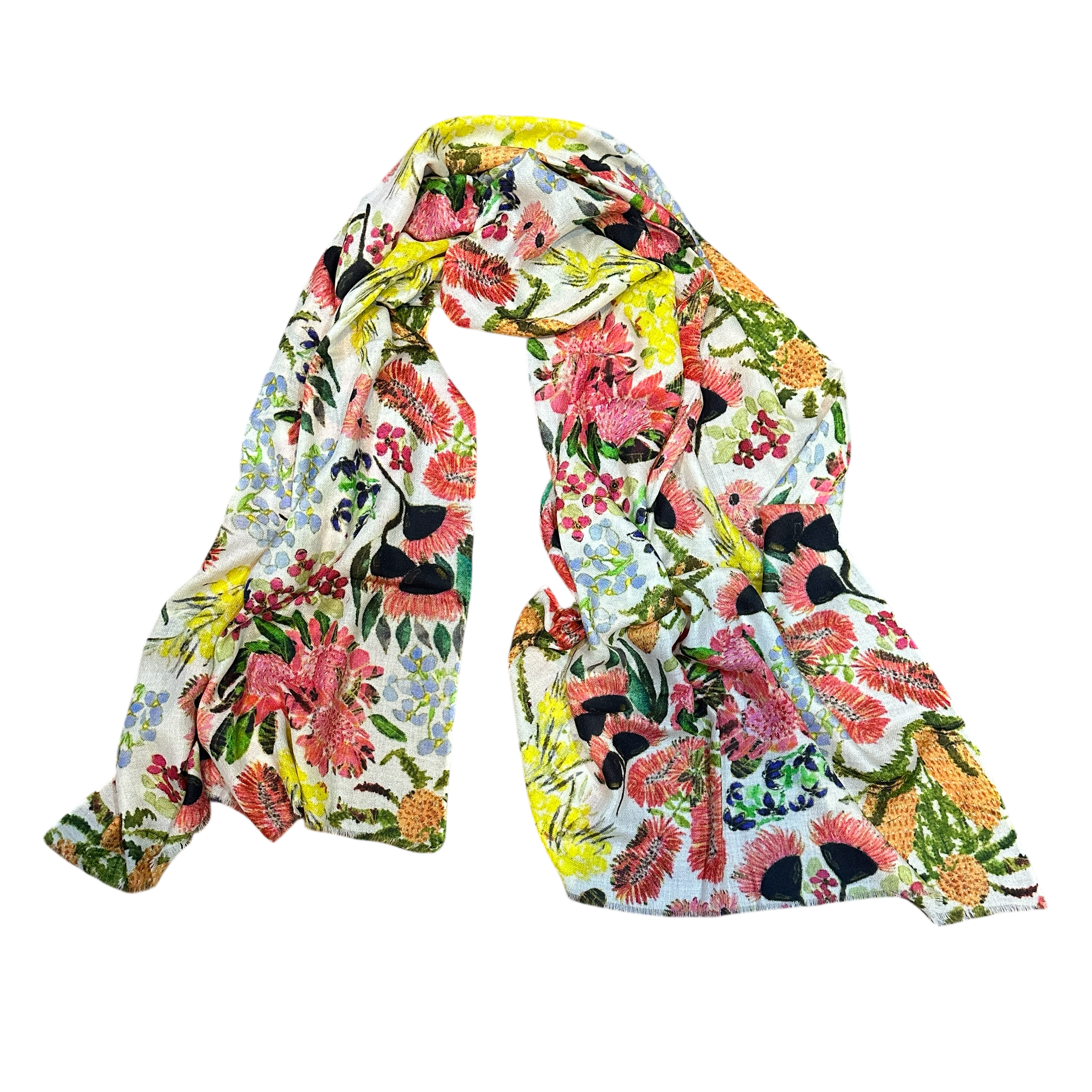 Colourful floral scarf on a white background featuring original artwork by Kerry Munns
