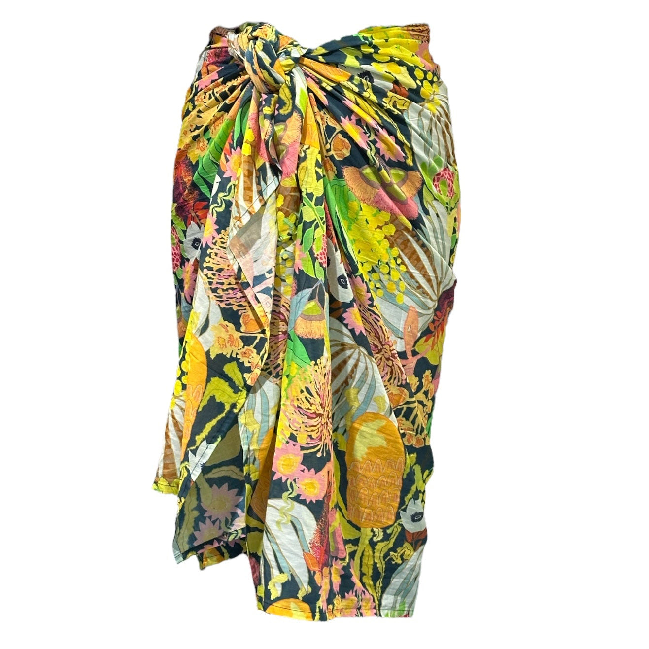 Botanical sunrise design on soft linen – artistic sarong wrap for beach and travel