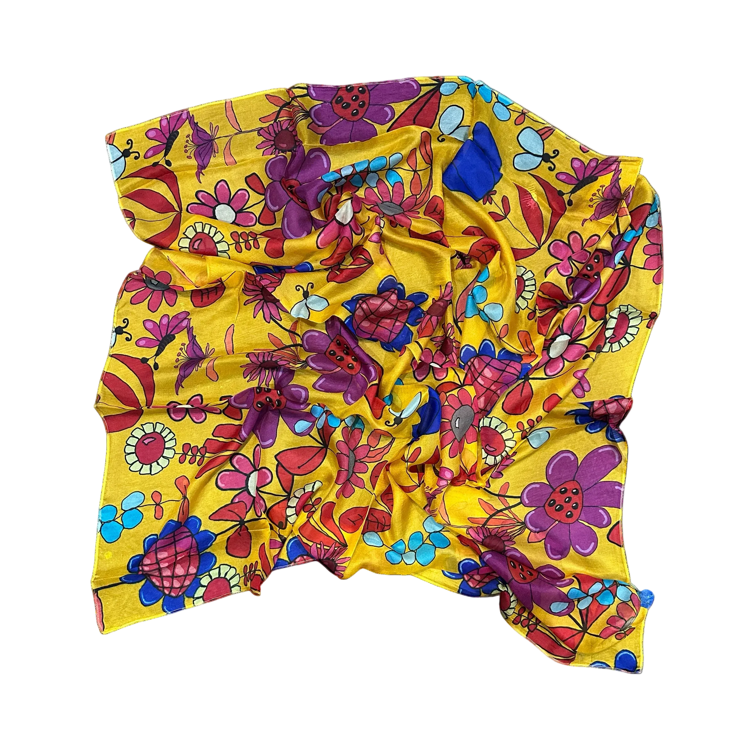 Pure silk scarf in colourful floral and butterfly pattern