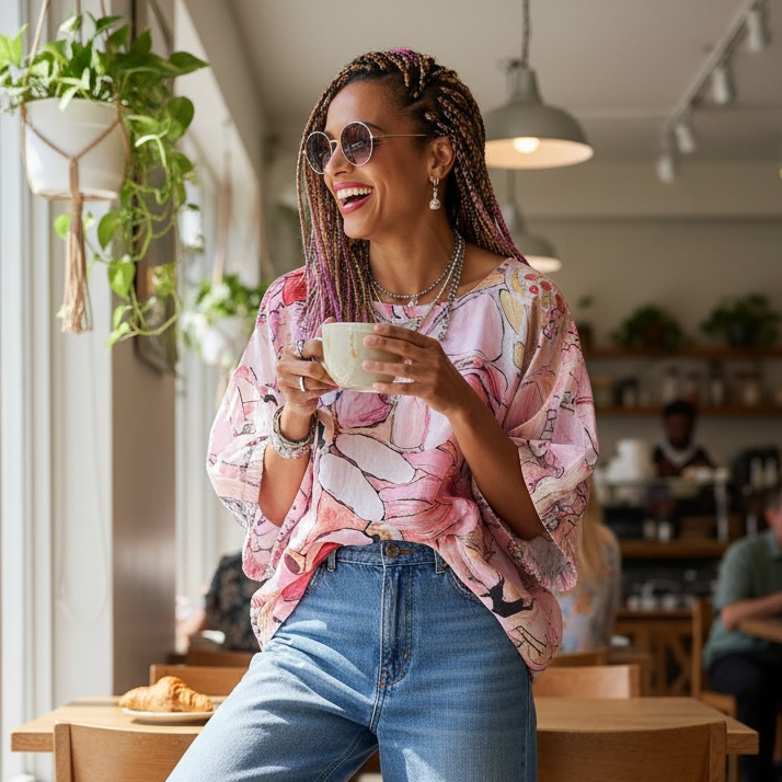 Women's relaxed fit linen blouse with large pink floral botanical print