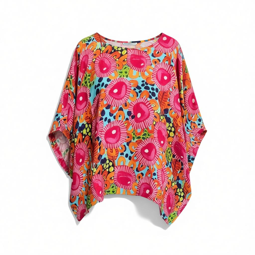 Women's relaxed fit silk blouse with large pink floral whimsical print