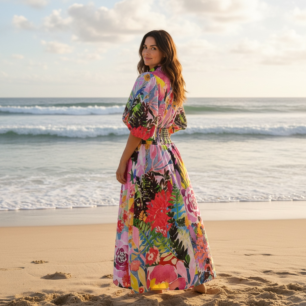 Full-length view of the Sophia Skirt in Floral Coral featuring hand-painted wearable art florals printed on soft cotton