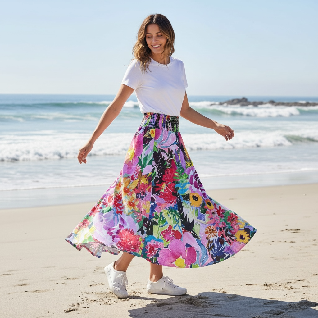 Side angle of the Sophia Skirt in Floral Coral highlighting the feminine drape and expressive coral-toned florals