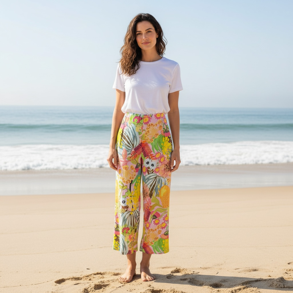 Woman standing on a beach wearing a white t-shirt and colourful wearable art design floral linen pants.